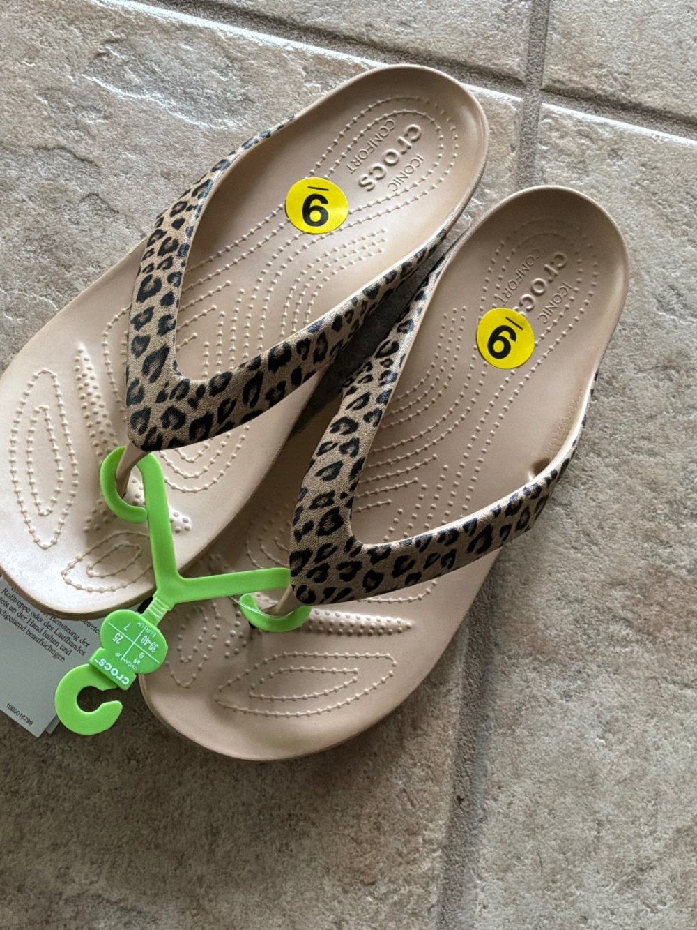 CROCS Beige Flip Flops with Leopard-Print Straps, sz 9